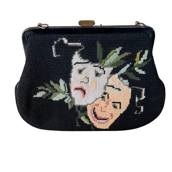 Vintage Needlepoint Thespian Comedy Tragedy Mask Purse Theater Costume Unique - Picture 2 of 11